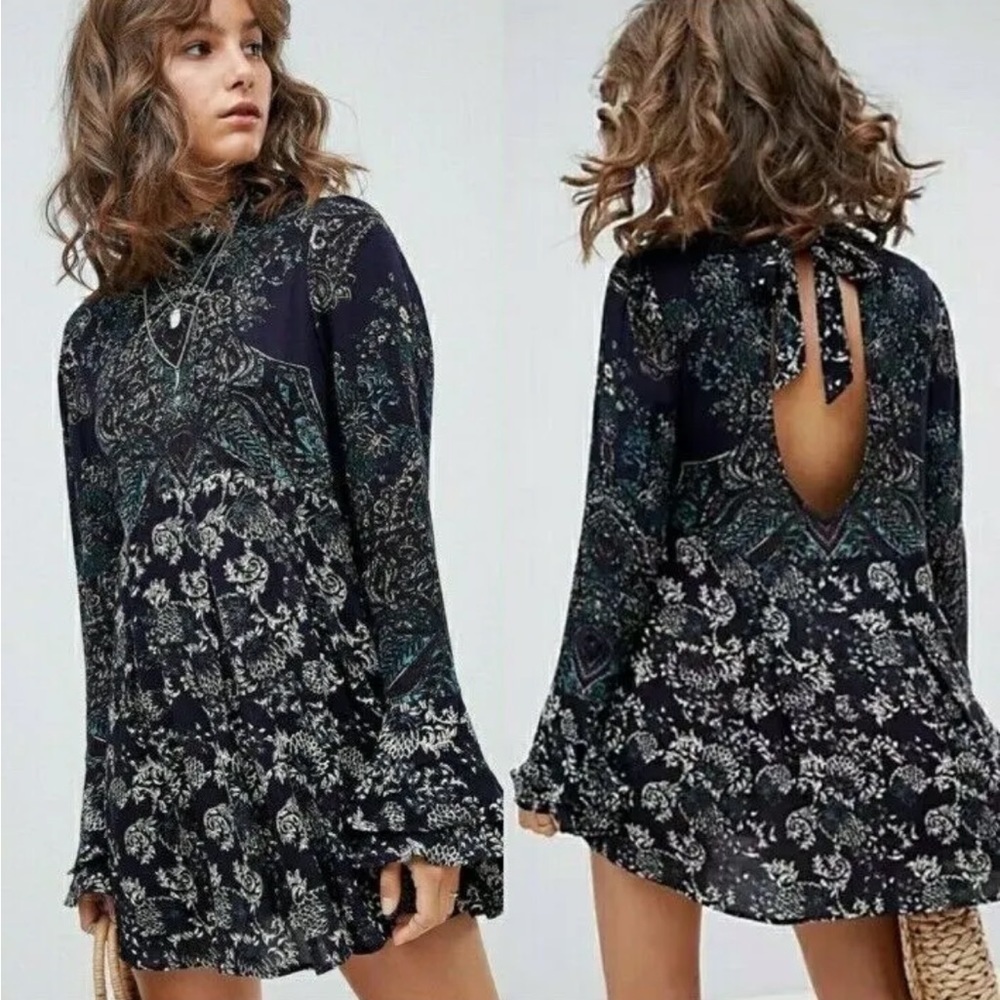 Free People Blue Lady Luck Printed Tunic Mini Dress